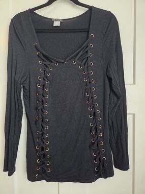 0063.  VENUS Black Long-Sleeve Lace-Up Front Top with Gold Grommets